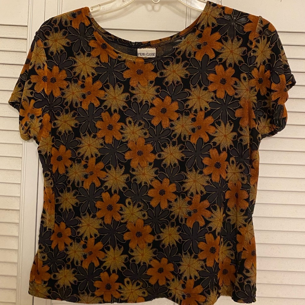 Prima Classe blouse, XL, black with orange and gold flowers.